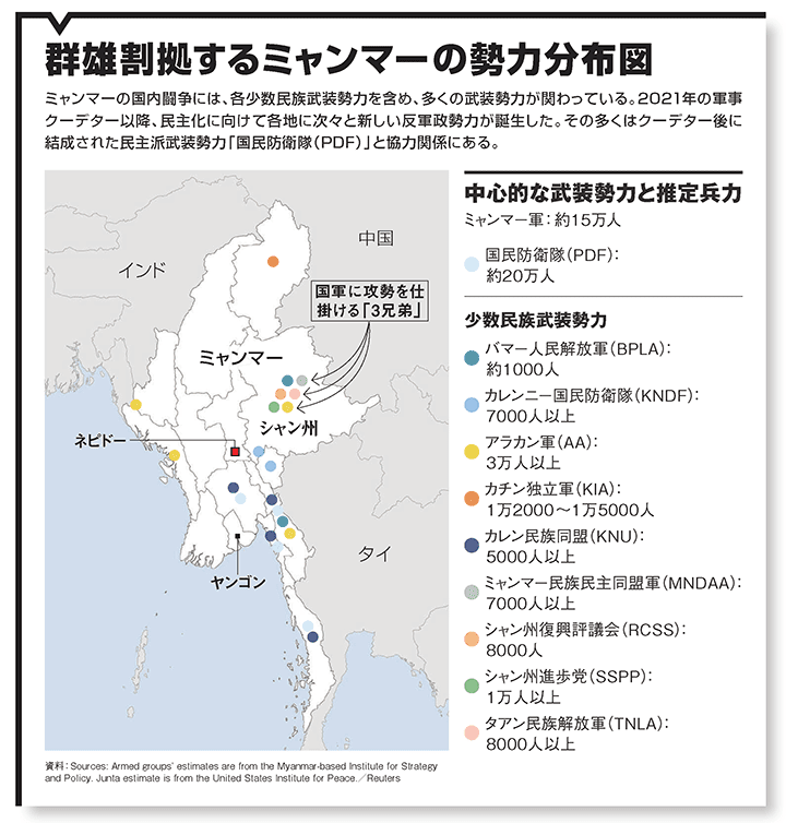 ミャンマー内戦の勢力分布の地図