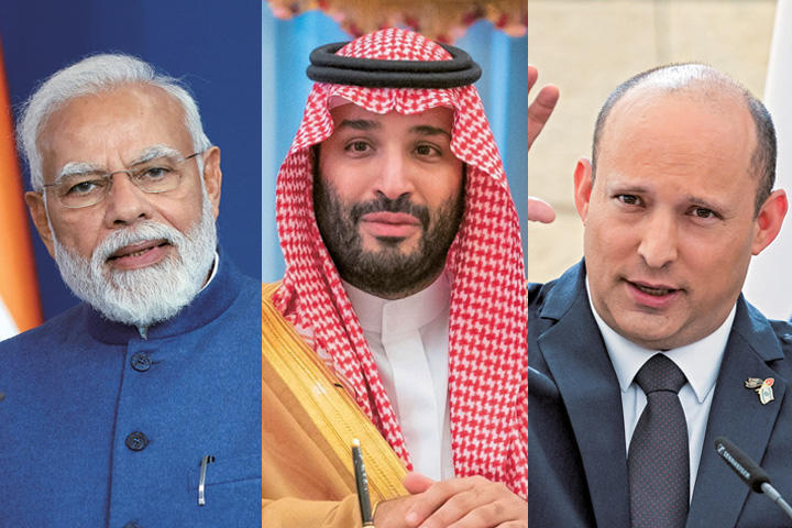 インドのモディ首相、サウジアラビアのムハンマド皇太子、イスラエルのベネット首相