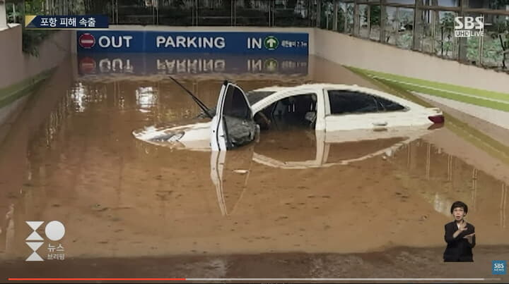 地下駐車場入口で水に浮かぶ自動車
