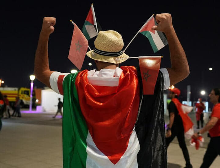 パレスチナの旗を身に着けたサッカーファン